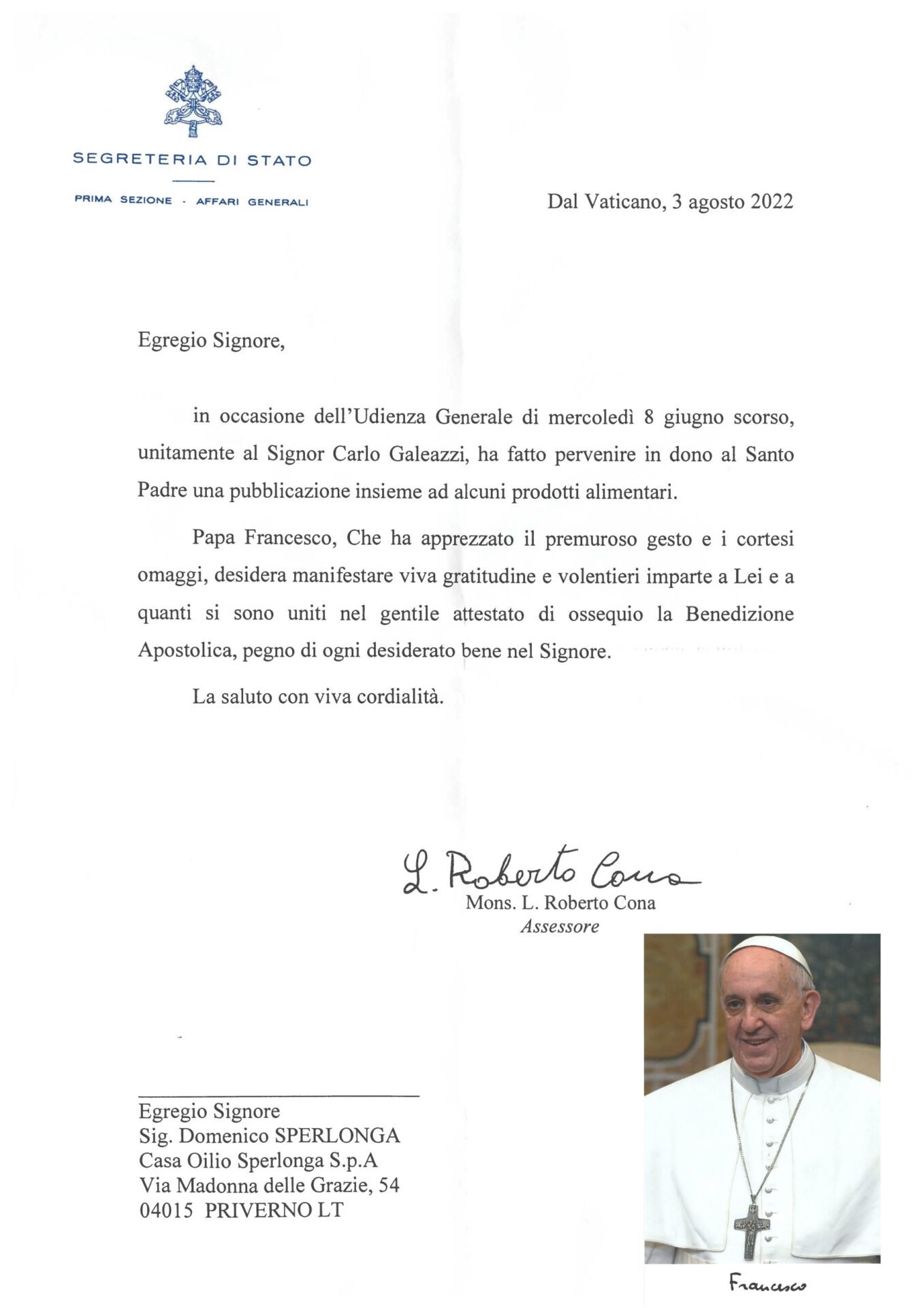 L’Olio dei Papi in Dono a Sua Santità Papa Francesco